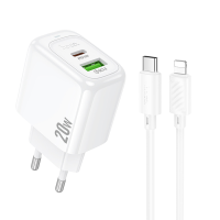 Зарядний пристрій Hoco CS54A 20W 3A USB-A+USB-C з кабелем C-L white