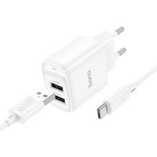 Зарядний пристрій Hoco C141A 10.5W 2.1A 2USB-A з кабелем A-C white