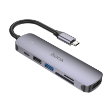 USB HUB adapter Hoco HB28 6в1 (Type-C to HDTV+USB3.0+USB2.0+SD+TF+PD) metal gray
